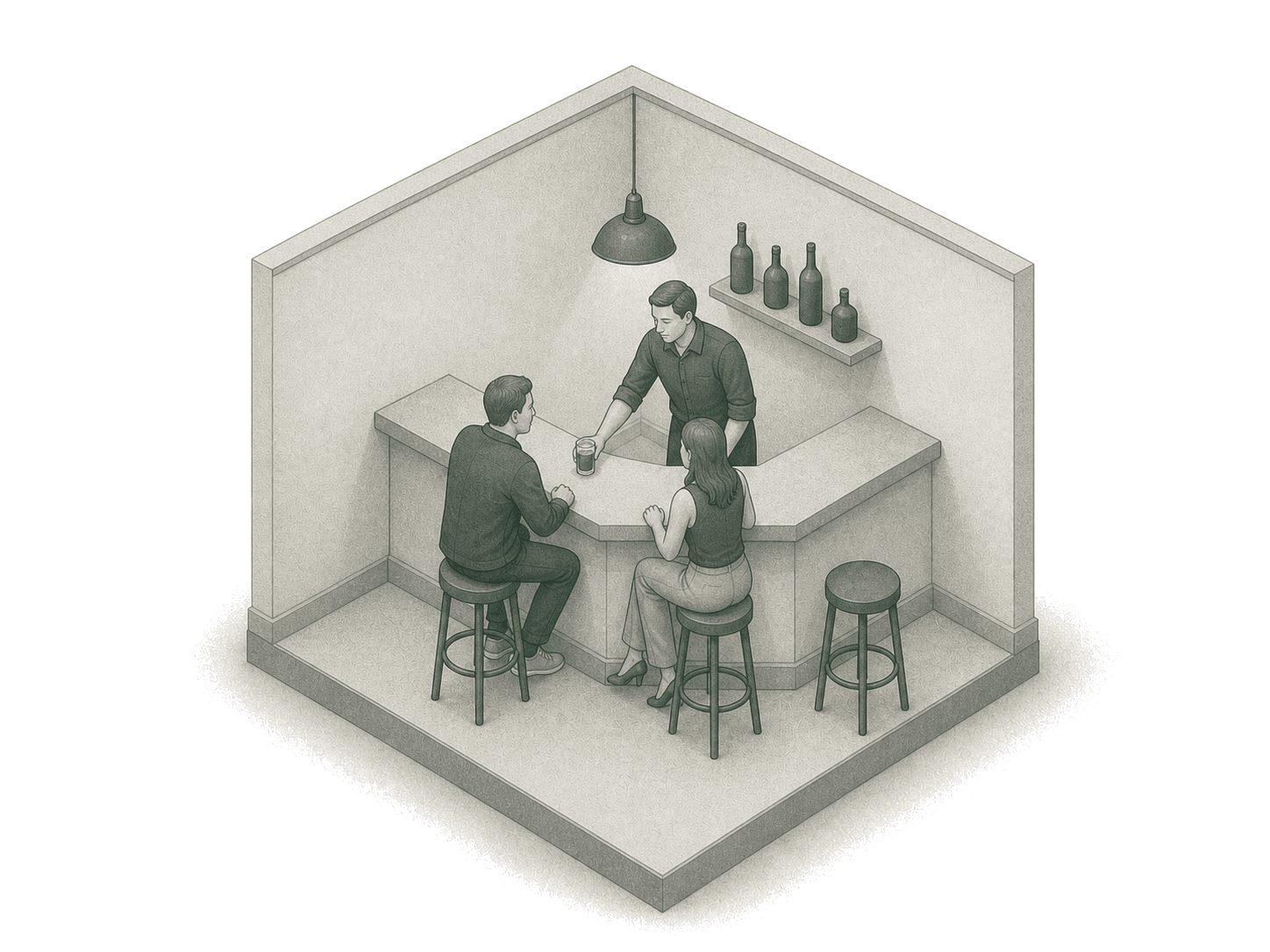 Bartender serving a drink to two guests at a small corner bar