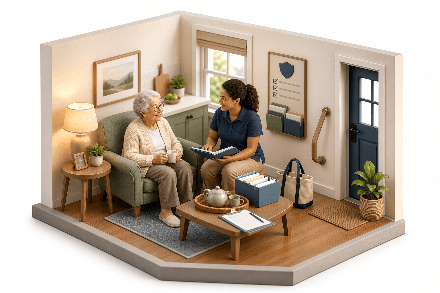 Caregiver sharing tea and conversation with an elderly client in her living room