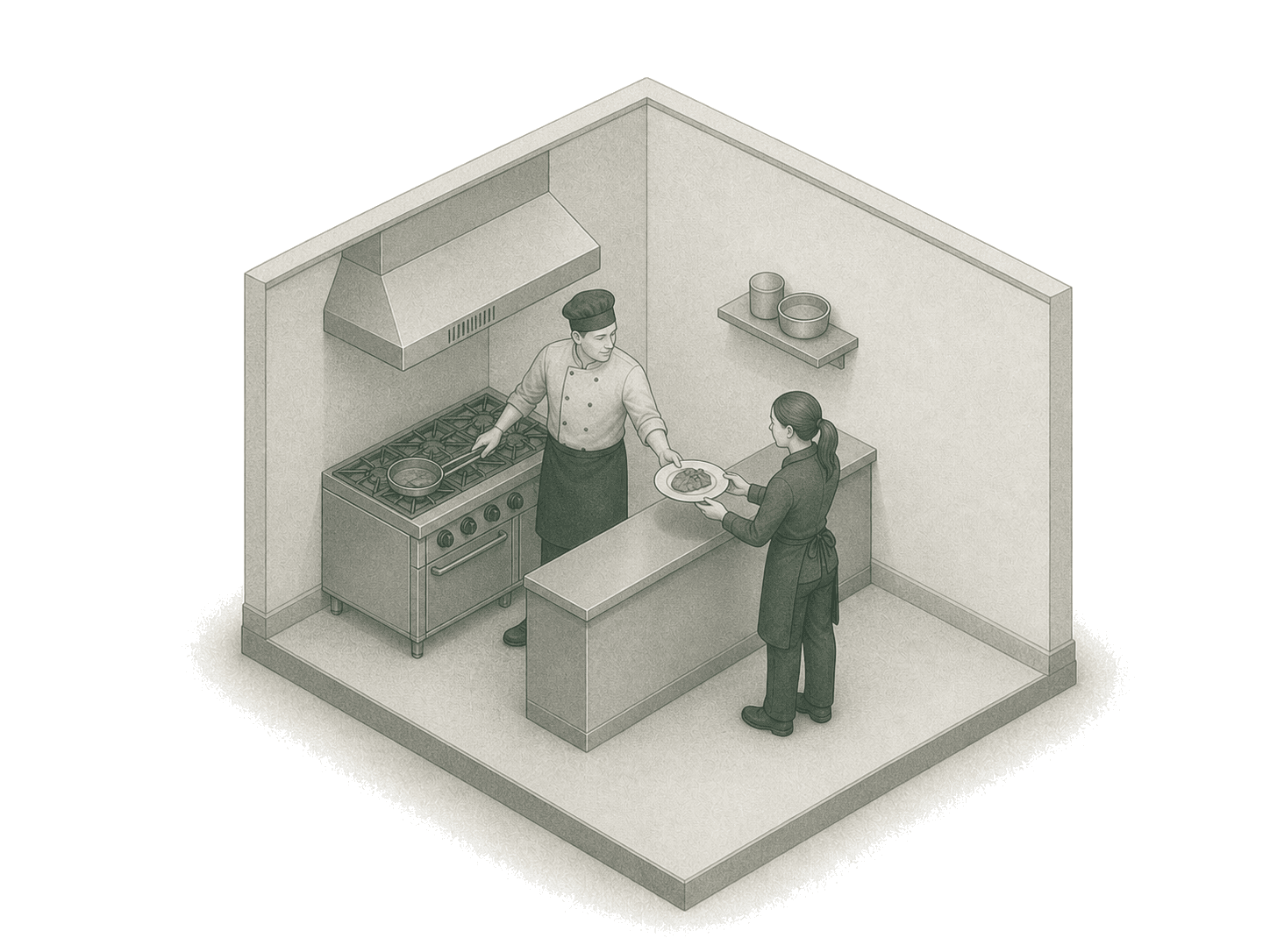 Chef passing a finished plate to a server across the kitchen counter